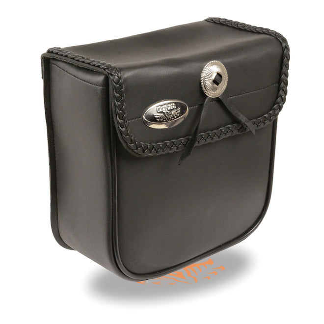 Small PVC braided sissy bar bag for motorcycles by Milwaukee Leather, measuring 9x9x4.5 inches, designed for biker bags.
