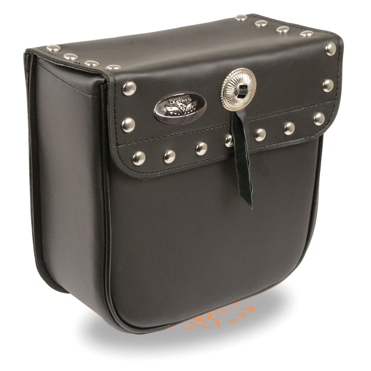 Small PVC studded sissy bar bag for bikes by HighwayLeather, with 9x9x4.5 inches of sleek, durable biker storage.