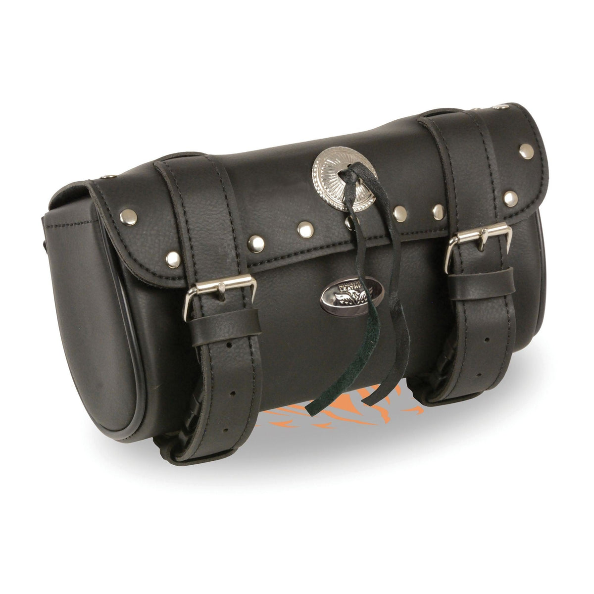 HighwayLeather double strap rivet and concho tool bag with quick release clips, thigh-mounted, measuring 10x4.5x3.25 inches.