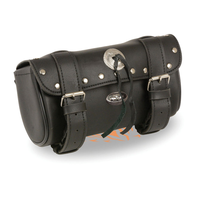 HighwayLeather double strap rivet and concho tool bag with quick release clips, thigh-mounted, measuring 10x4.5x3.25 inches.