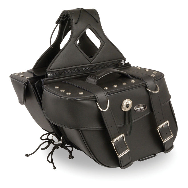 HighwayLeather zip-off PVC biker saddle bag with rivets and concho, featuring a 13.5x10.5x5.5x19-inch design for motorcycle storage.