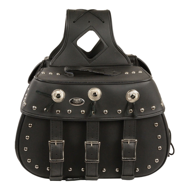 HighwayLeather biker bag, zip-off triple buckle PVC throw over saddle bag with studs and conchos, 18x11x7x19 inches.