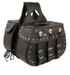 Concho design studded biker saddle bag with three straps by HighwayLeather, featuring metal conchos and rugged leather style.