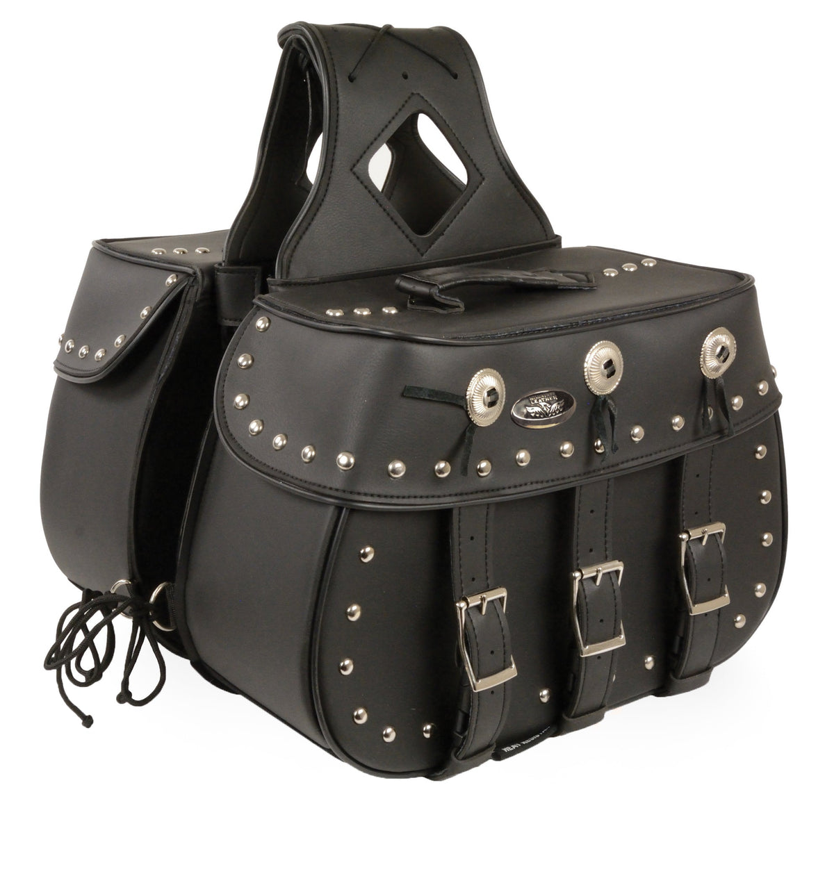Concho design studded biker saddle bag with three straps by HighwayLeather, featuring metal conchos and rugged leather style.