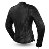 Back view of FIRST MFG Women's Biker Leather Jacket with stand-up collar and quilted design, showcasing stylish detailing.