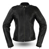 First MFG women's quilted leather biker jacket with stand-up collar, front view showing detailed stitching and stylish design.