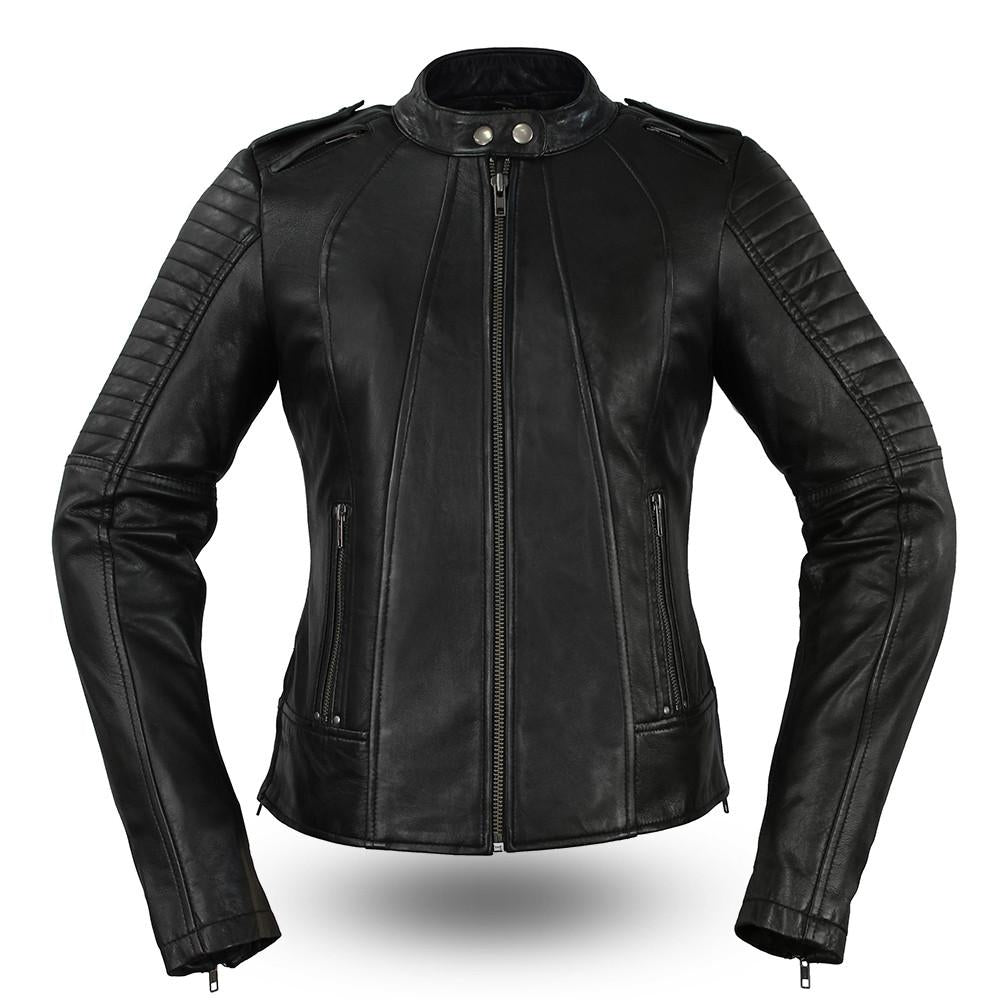 First MFG women's quilted leather biker jacket with stand-up collar, front view showing detailed stitching and stylish design.
