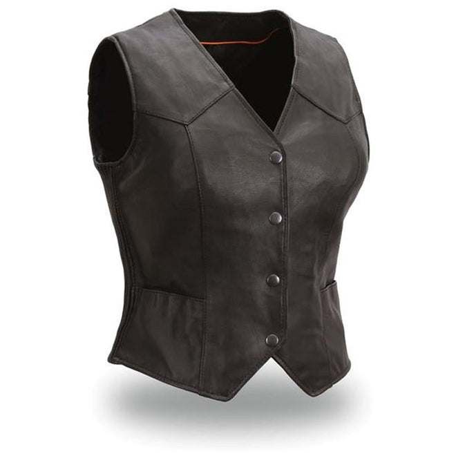 Buffalo Leather Gear The Heiress women's lightweight vest, soft fabric with a fitted design, shown on a mannequin.