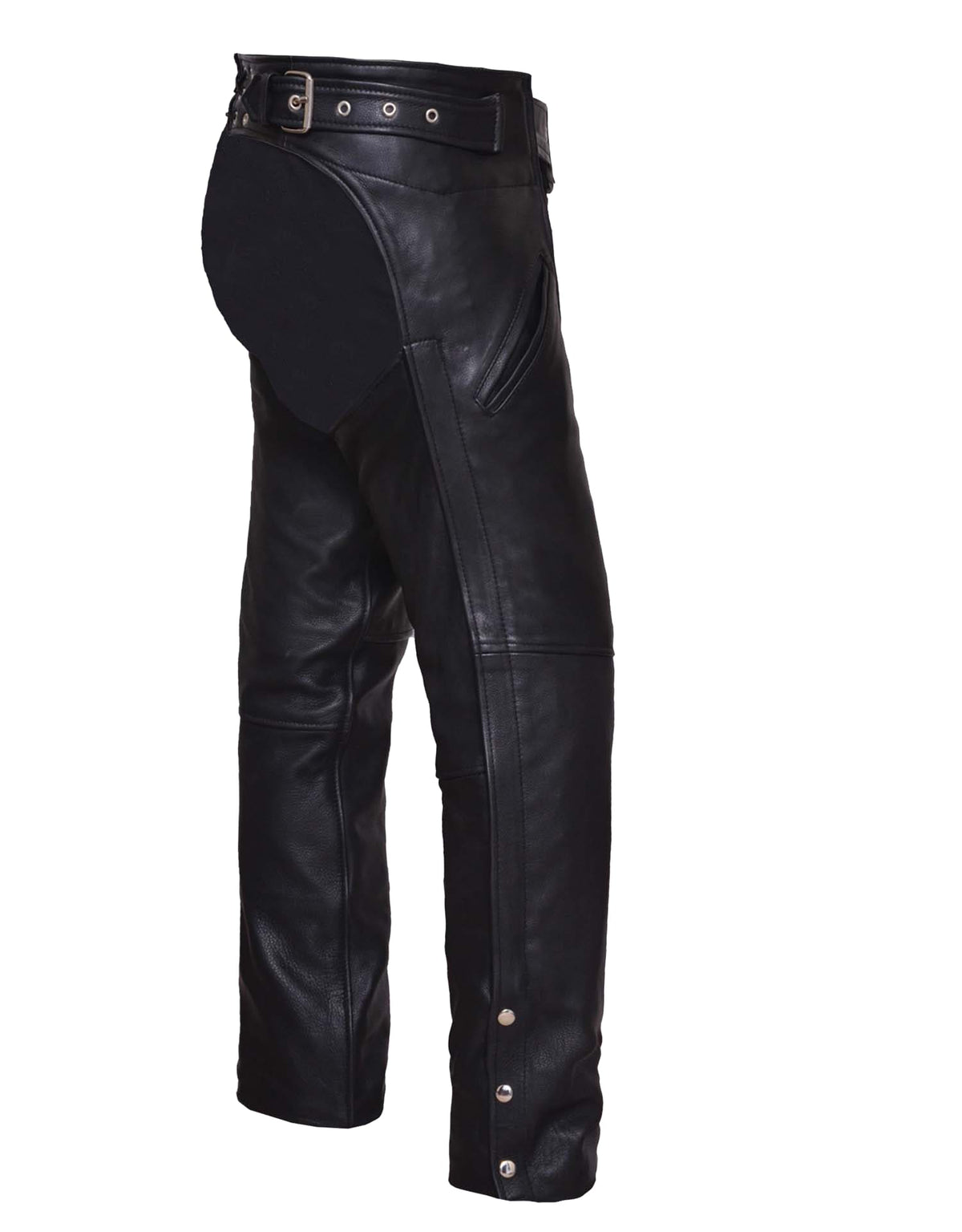 Unisex ultra leather motorcycle chaps by Dynamicleather featuring gun holster design and durable black leather construction.