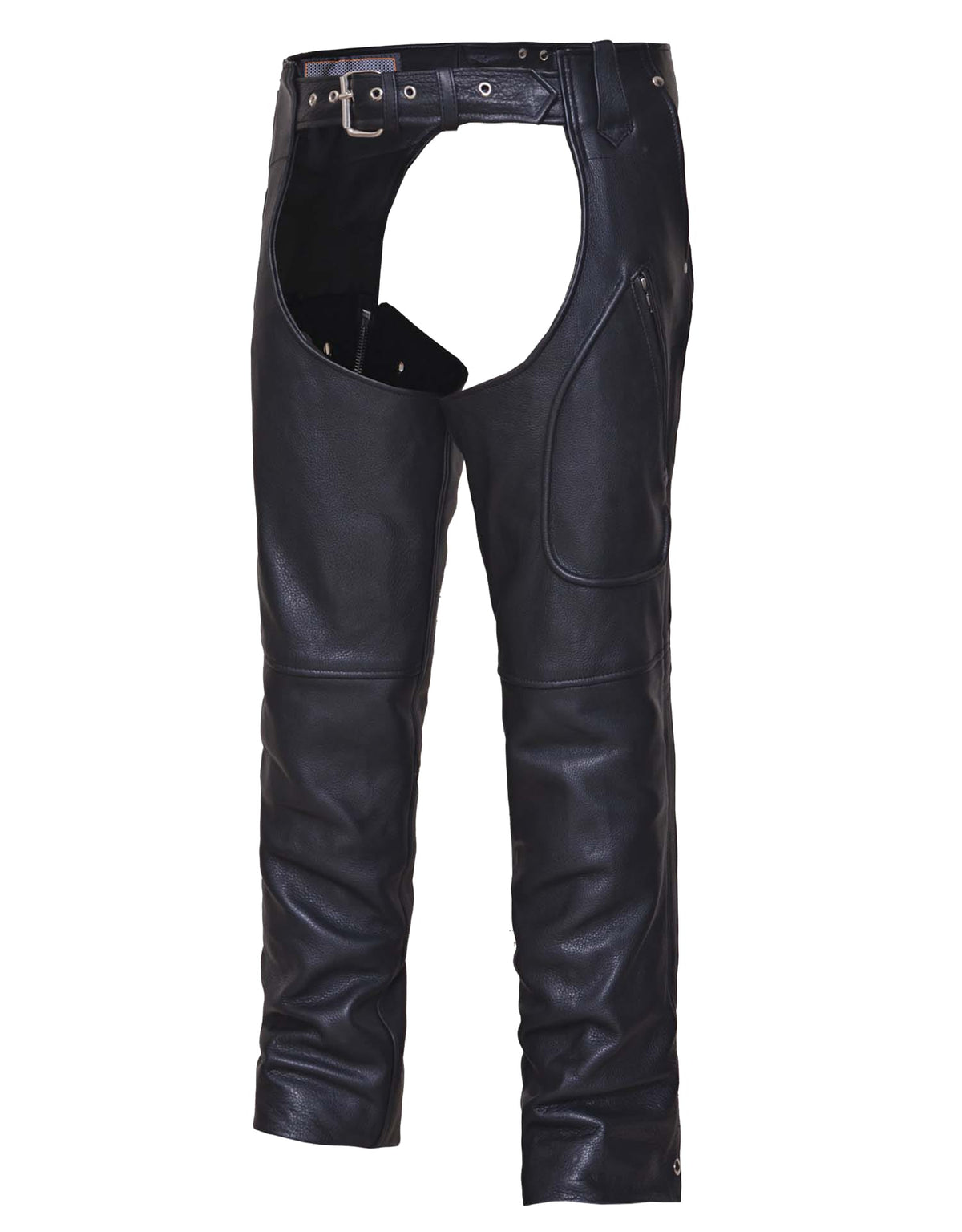 Unisex Ultra Motorcycle Chaps by Dynamicleather with zippered pockets, made from durable leather for riding protection and style.