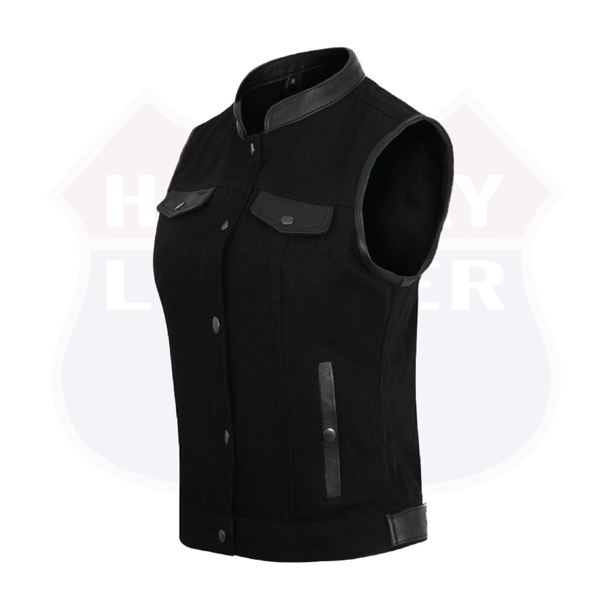 Black women's denim motorcycle club vest by Buffalo Leather Gear, featuring classic styling and silver hardware details.