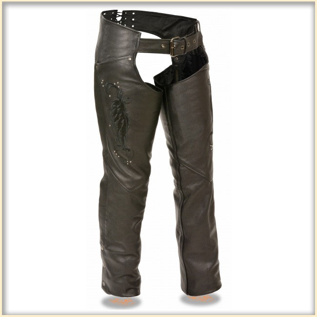 Black Wing hip hugger leather chaps for women by Buffalo Leather Gear, featuring a snug fit and stylish design.