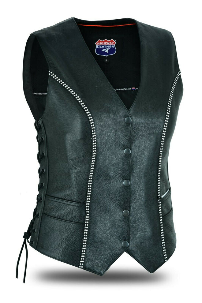 Dynamicleather women's rhinestone leather motorcycle vest with bling detail, featuring shiny embellishments and a stylish fit.