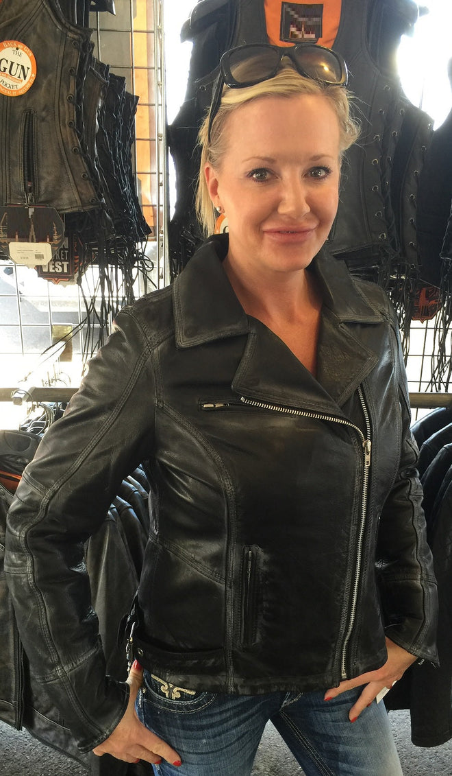 Women’s distressed leather jacket from HighwayLeather, stylish women's jacket with a rugged, vintage look and detailed distressed leather.