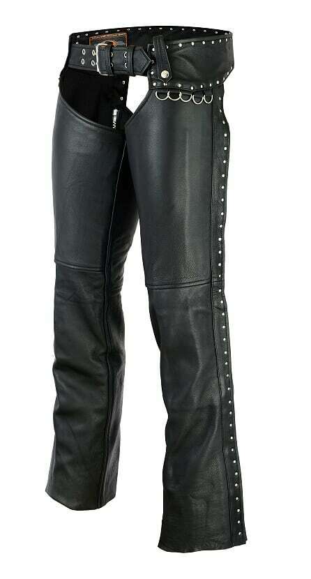 Women’s hip hugger leather chaps with studded detailing from Buffalo Leather Gear, showcasing their stylish and fitted design.
