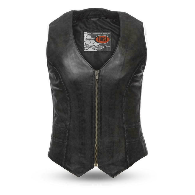 Women’s Western-style leather vest with V-neck by Dynamicleather, featuring a fitted design and classic motorcycle-inspired look.