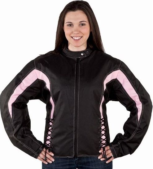 Pink women’s textile jacket from Dynamicleather featuring a striped design and casual style.