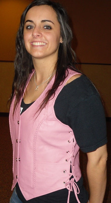 Pink women's leather vest by Buffalo Leather Gear, classic biker style, featuring a fitted design and durable leather material.