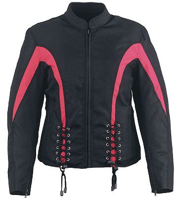 Red striped women's textile jacket from Dynamicleather, showing the stylish design and fabric details of the women jackets collection.