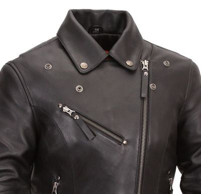 Women's riveted classic motorcycle jacket by HighwayLeather, featuring durable rivets and authentic leather styling.