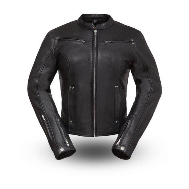 Women's black Speed Queen leather jacket by HighwayLeather, featuring a sleek design and classic fit, shown on a model.