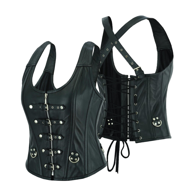 Black leather steampunk corset top with halter straps, steel boning, buckles, and gothic punk style for women's clubwear by Buffalo Leather Gear.
