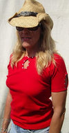 Women wearing a stylish textile top with studded accents and a slit at the neckline, by Dynamicleather.