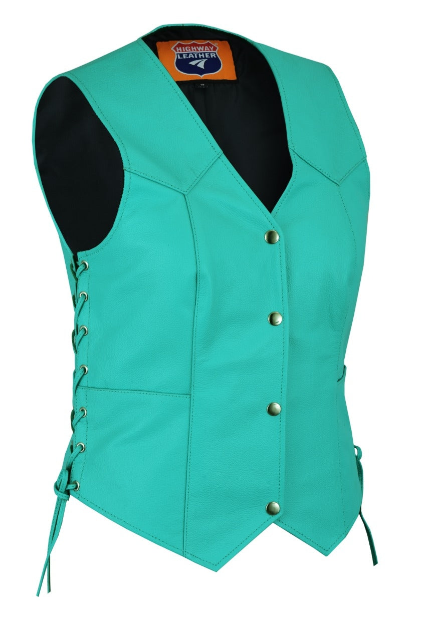 Women's Teal color side laced Leather Vest with Gun pockets for clubs - HighwayLeather