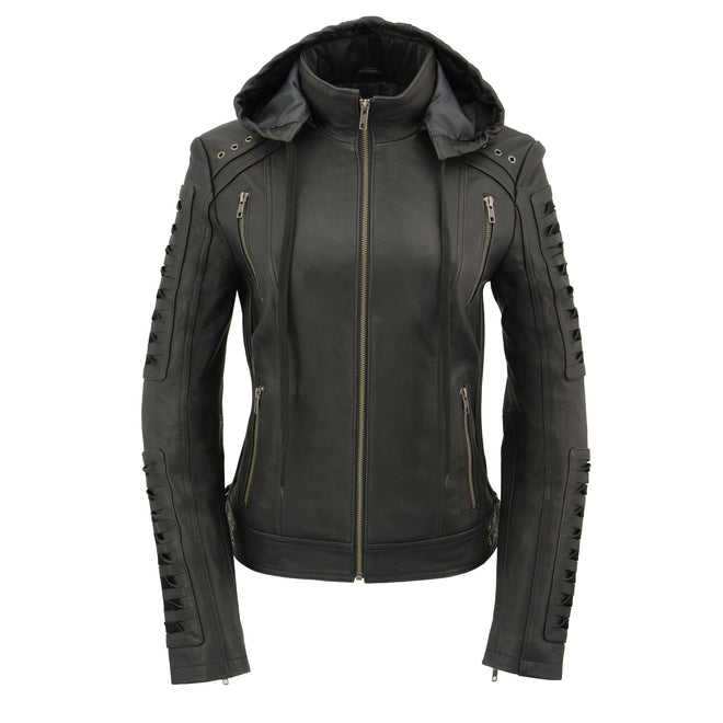 Women’s HighwayLeather zipper front scuba jacket with detachable zip-off hood, stylish and versatile outerwear for women.