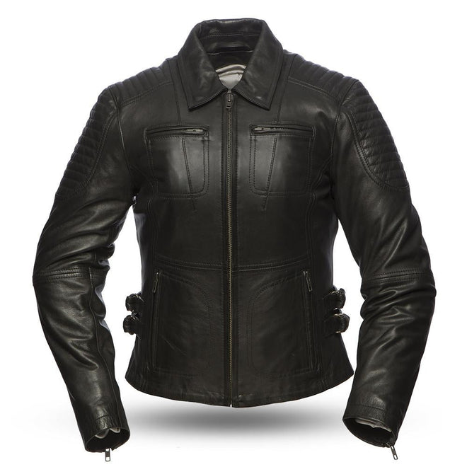 Front view of HighwayLeather women's aniline cowhide motorcycle jacket with a clean, curvy design and zipper detailing.