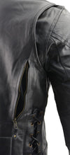 Men's Vented Racer Leather Motorcycle Jacket by HighwayLeather with front zipper, side pockets, and perforated vents for airflow.