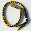 Yellow and white Old-School "Getback" biker whip by Buffalo Leather Gear, showing textured leather handle and braided whip.