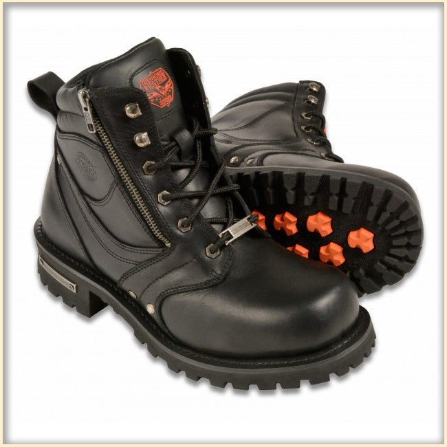 Men's black leather 6-inch side zipper plain toe boots by Dynamicleather, showcasing sturdy design and functional zipper detail.
