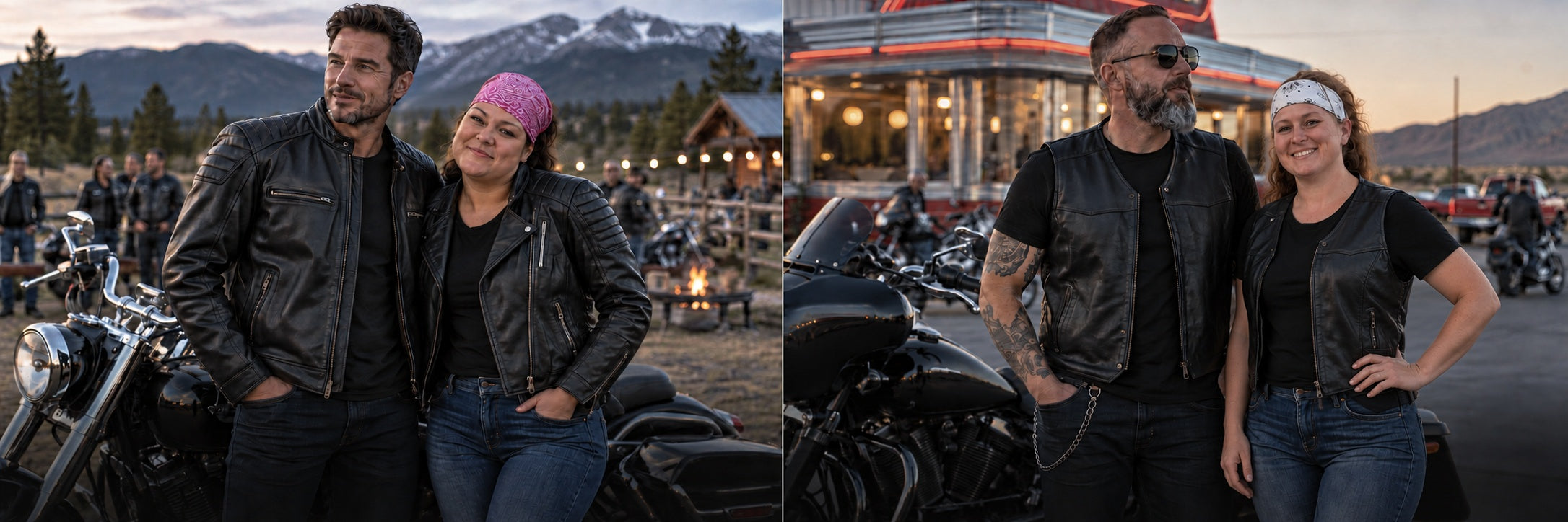 Riders wearing black leather motorcycle jackets
