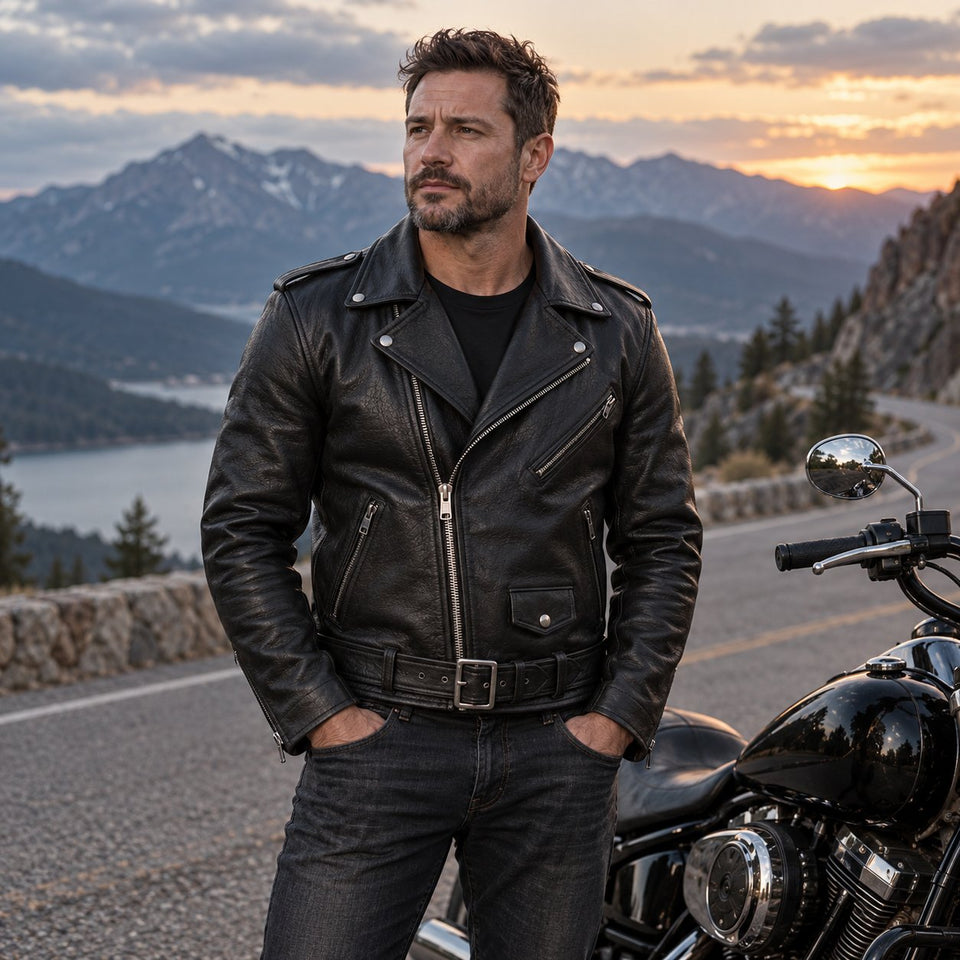 Biker wearing a black leather motorcycle jacket beside a cruiser on a mountain road